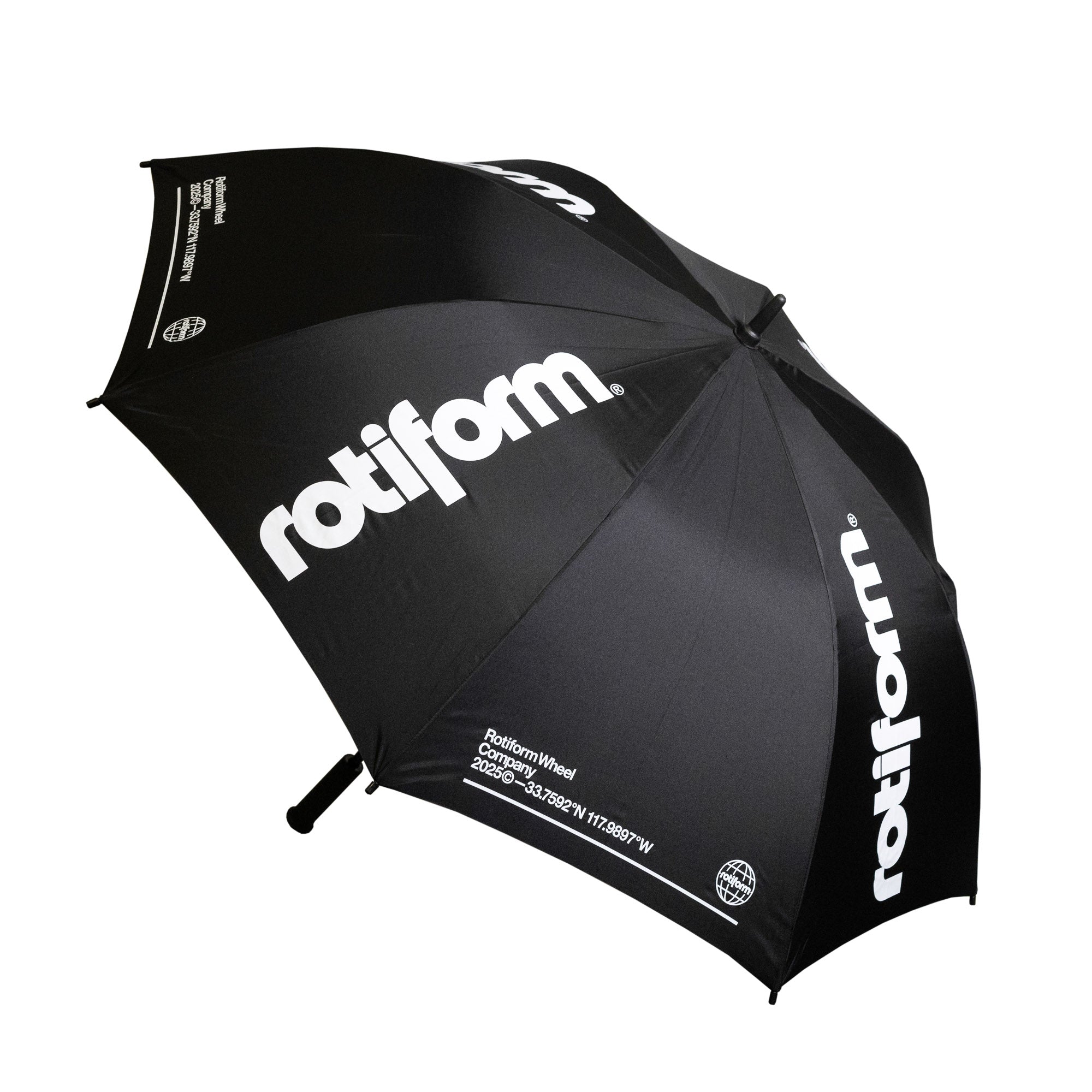 Black Rotiform SHADE SEEKER umbrella featuring bold white branding, designed for automotive enthusiasts and outdoor use.