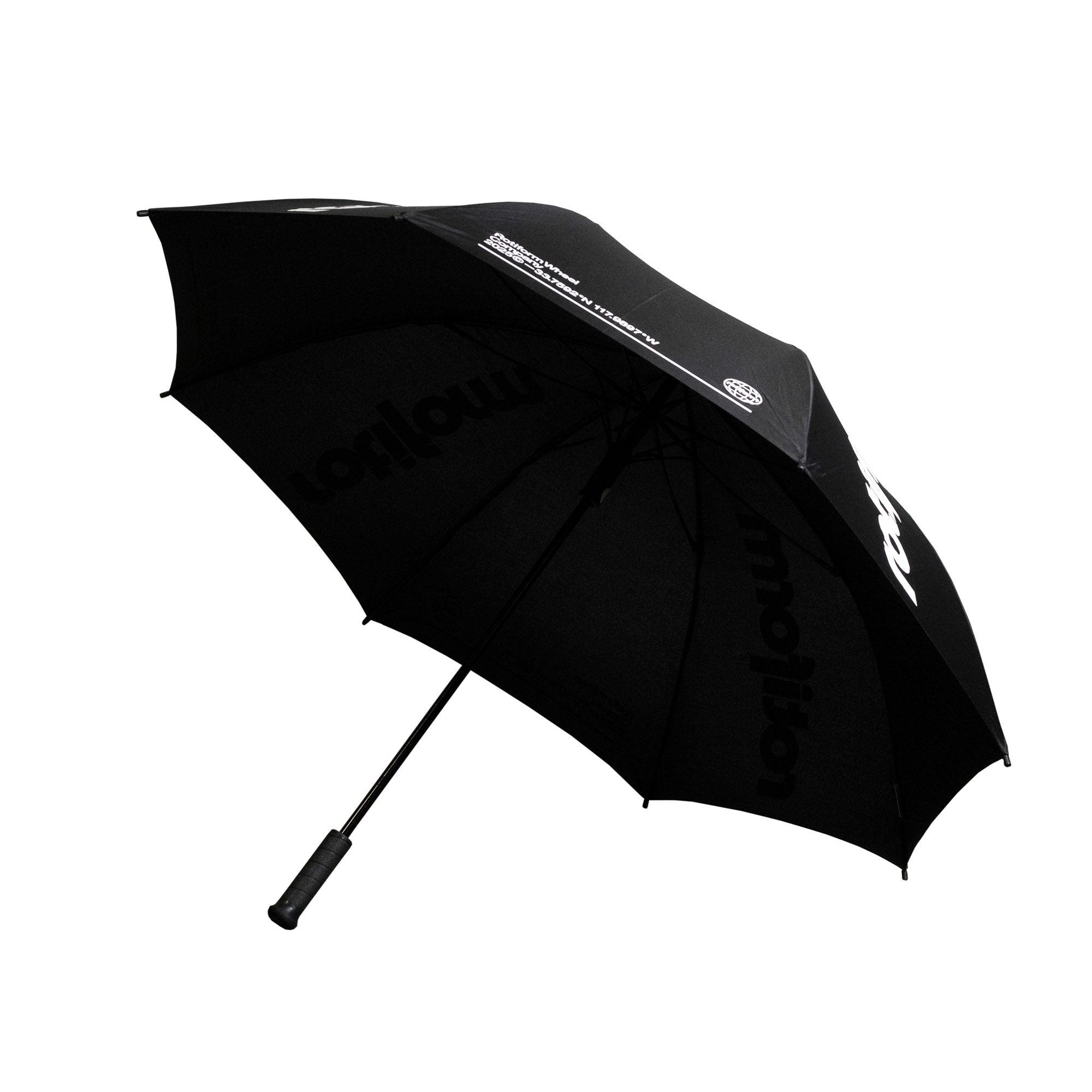 Black Rotiform SHADE SEEKER umbrella featuring bold branding, designed for automotive enthusiasts and outdoor use.
