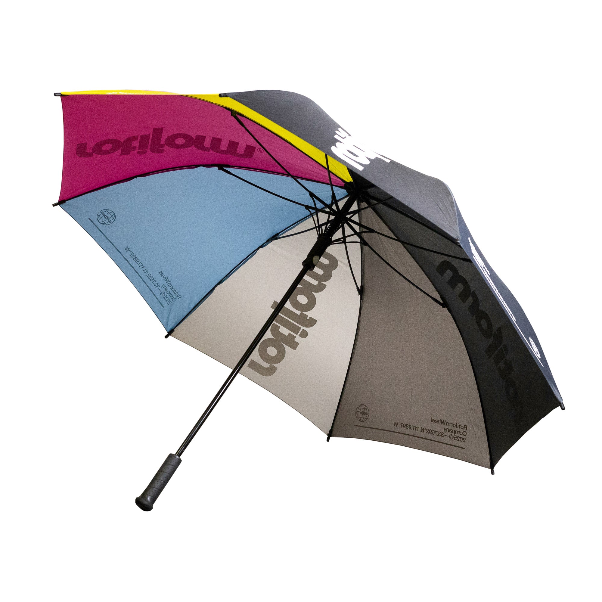 Rotiform SHADE SEEKER Umbrella featuring a multi-colored design with bold logos, ideal for automotive enthusiasts.