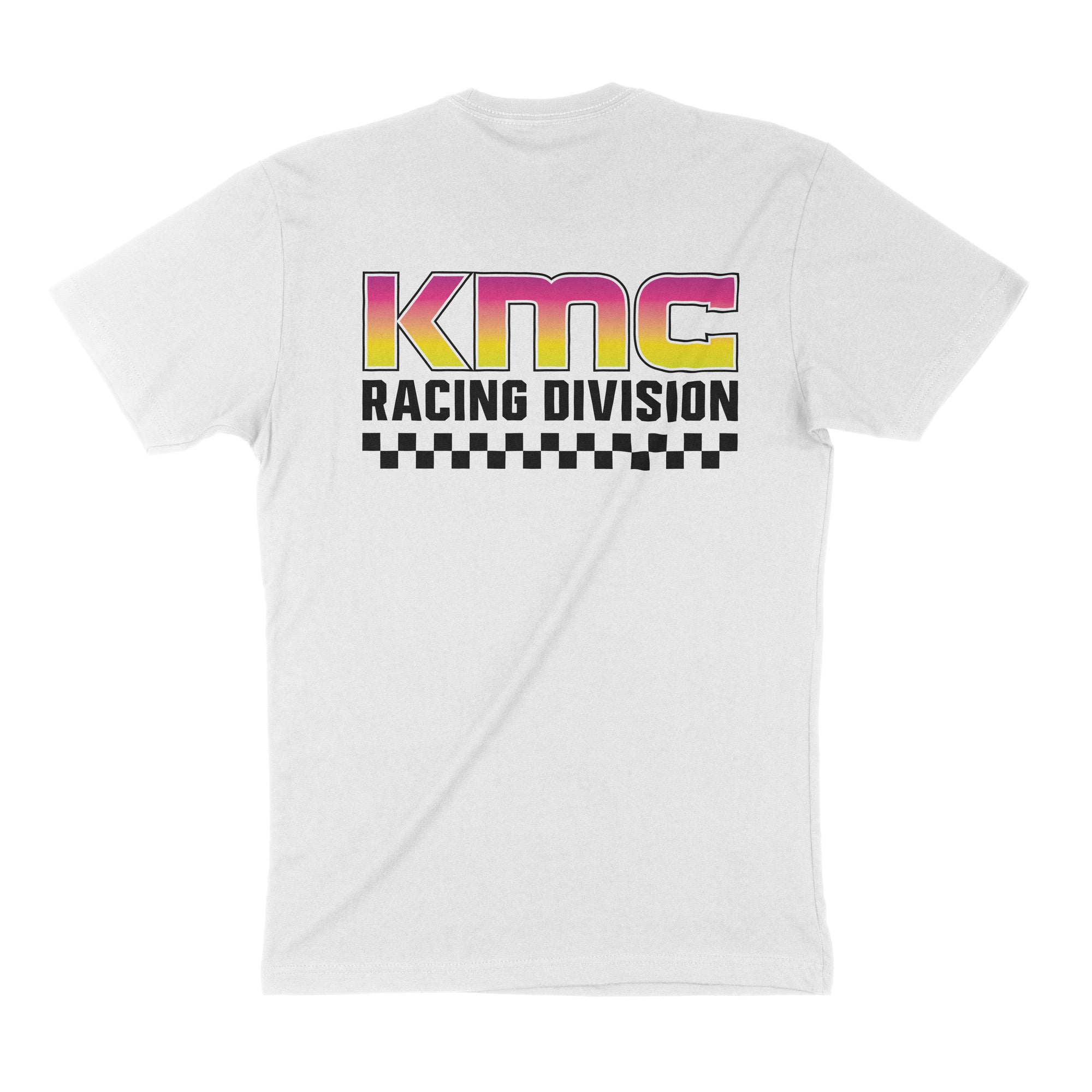 Short sleeve white t-shirt featuring a colorful KMC Racing Division graphic and checkered pattern on the back.
