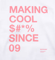 Rotiform "Making Cool $#*&" hoodie in white, showcasing back detail with bold text design.