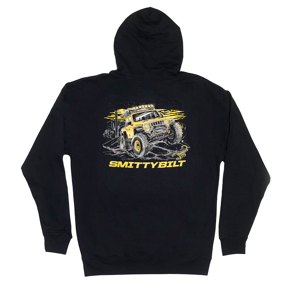 SmittyBilt TRAIL RATED Pullover Hoodie in black featuring a front logo and kangaroo pocket.