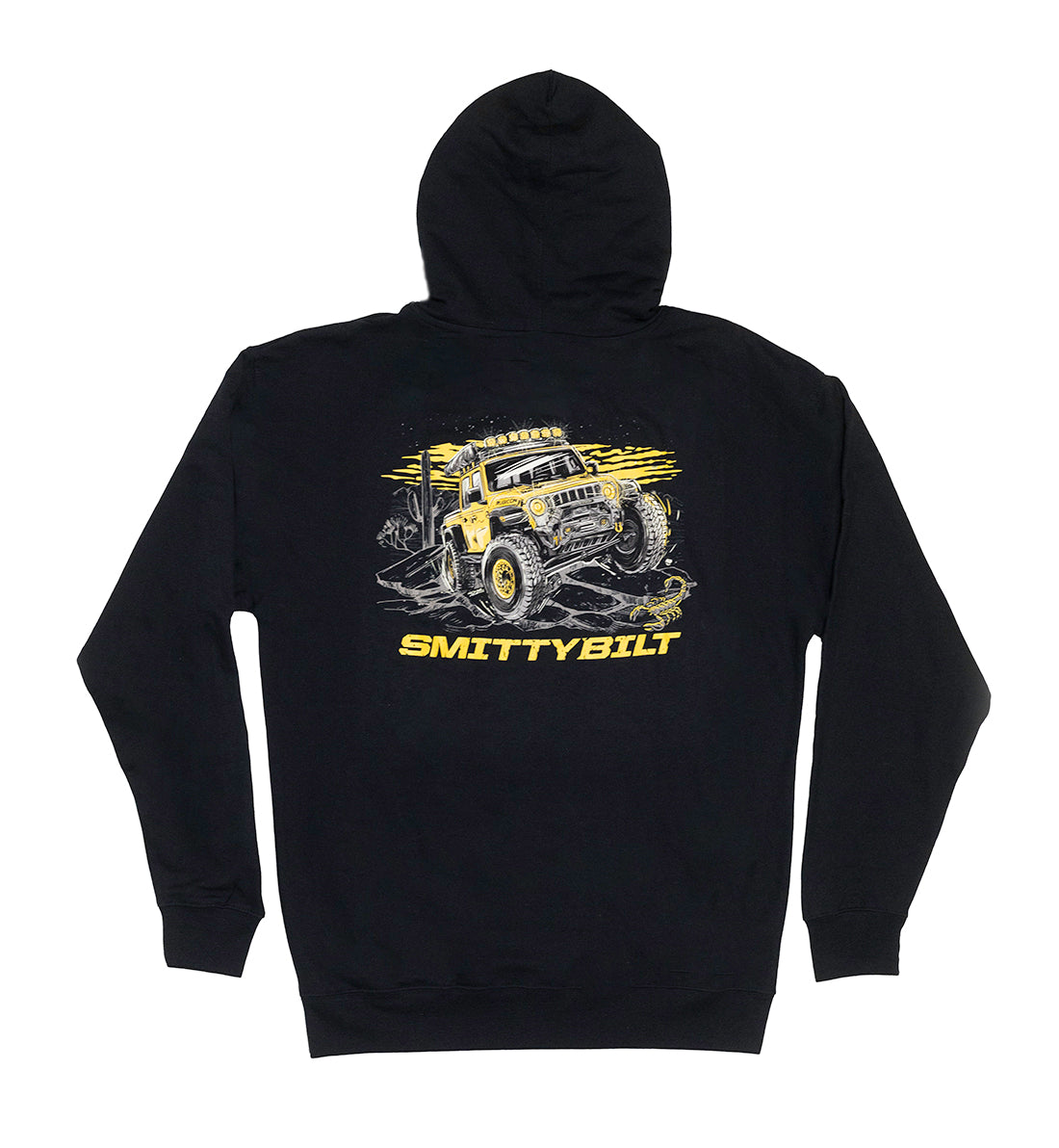 SmittyBilt TRAIL RATED Pullover Hoodie in black featuring a front logo and kangaroo pocket.