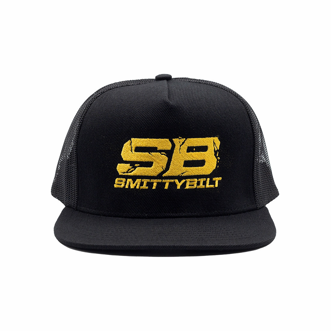 Smittybilt Trucker Hat with gray front panel and mesh back, featuring an embroidered logo.