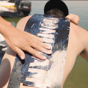 A person applying paint to a HOONIGAN stencil on their back, showcasing the bold design and creative process.