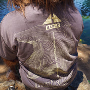 Back of a person wearing a gray Hoonigan TOPOGRAPHIC TERRAIN short sleeve tee with topographic map design and text.