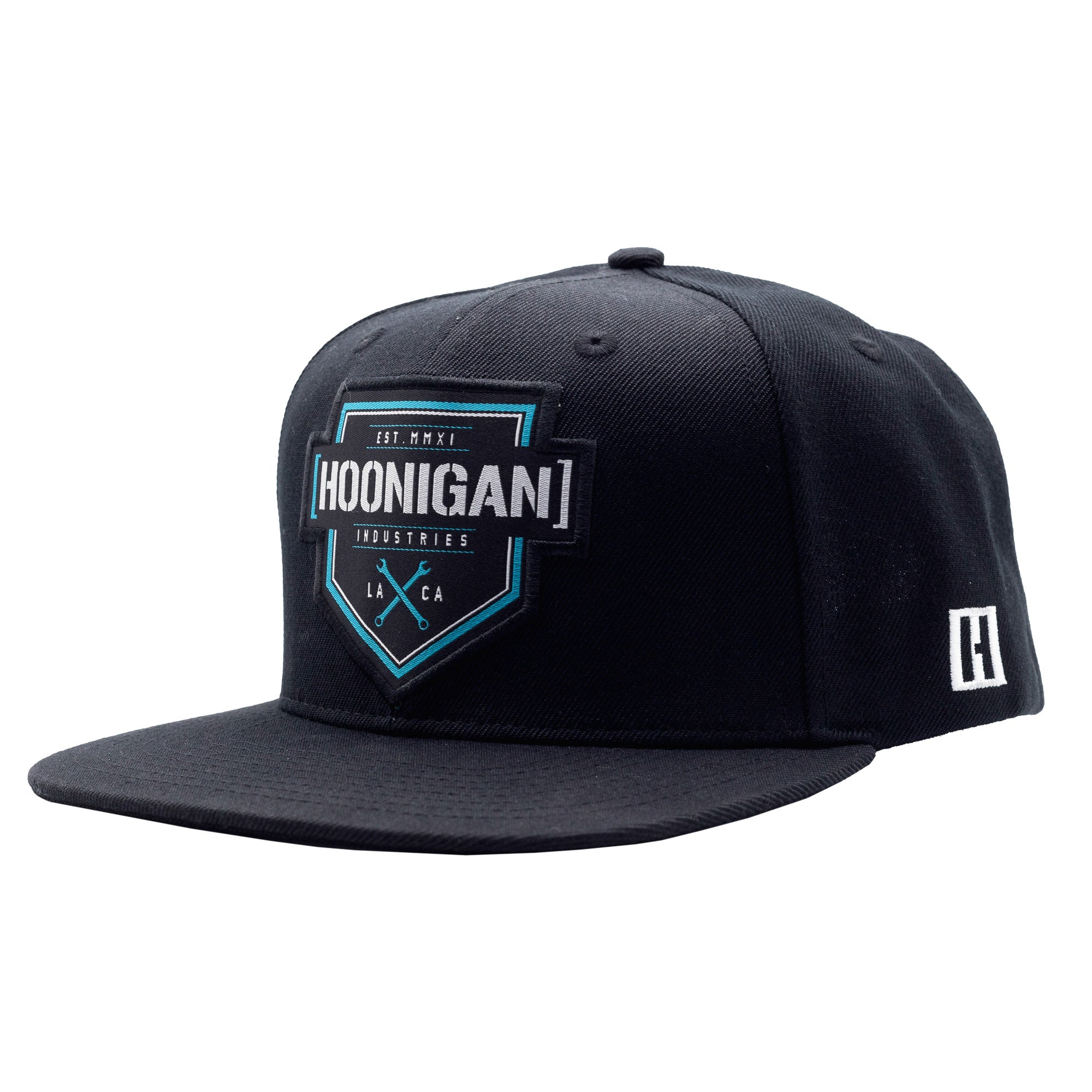 Black snapback hat with a front embroidered patch featuring "Hoonigan Industries" logo, and a white "H" on the side.