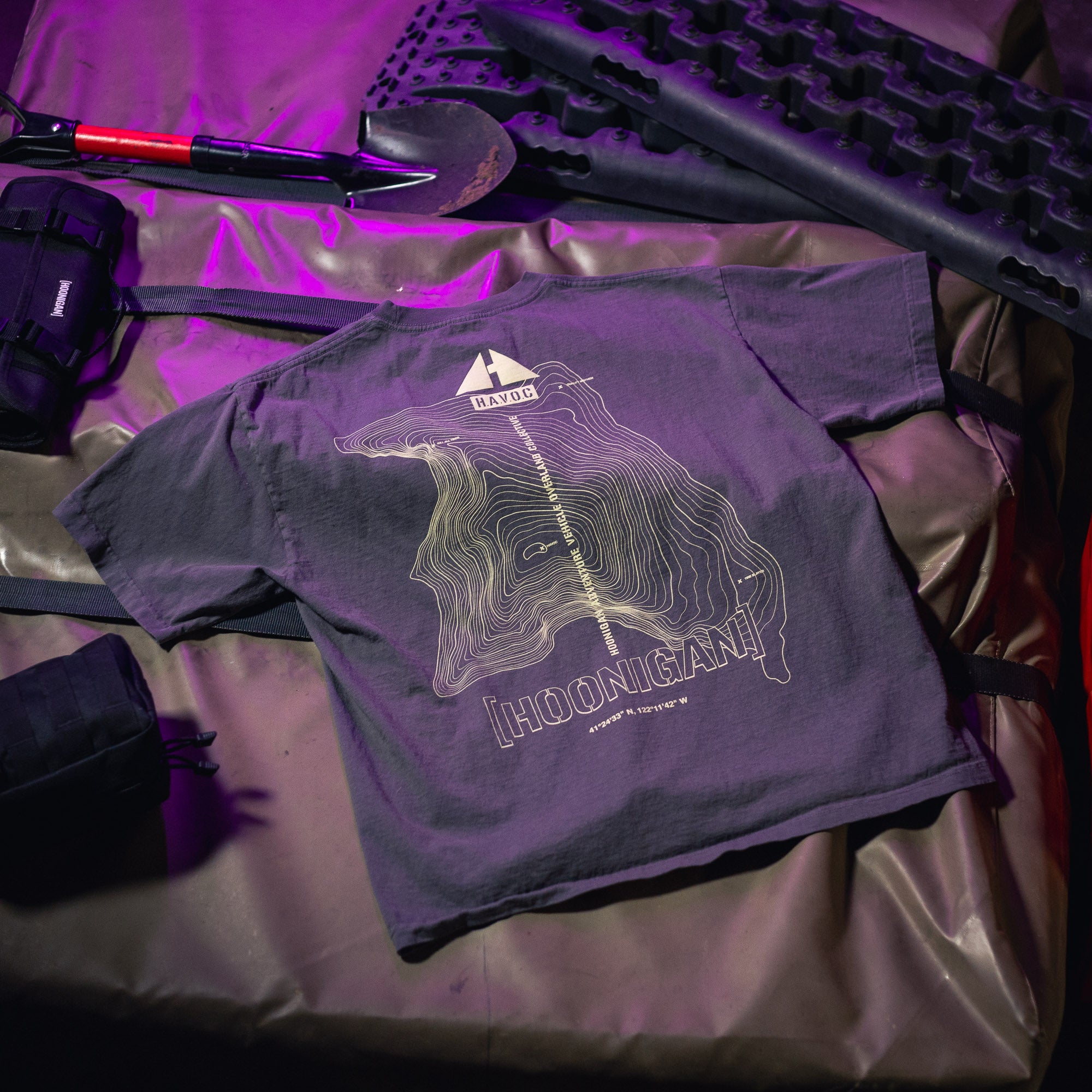 Gray Hoonigan TOPOGRAHPHIC TERRAIN short sleeve t-shirt with a topographic map design and "HOONIGAN" text on the back.