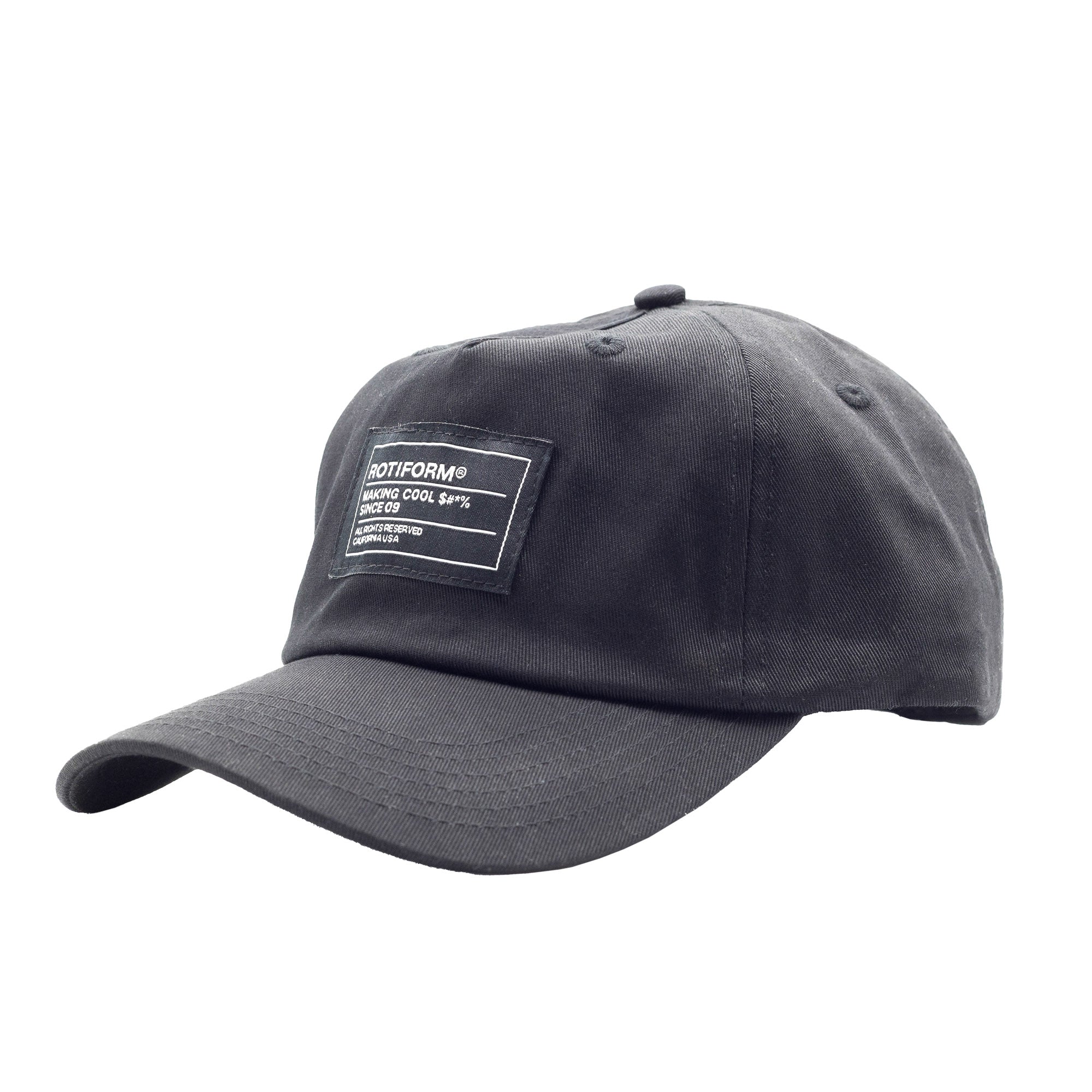 Black unstructured strapback hat with a front patch featuring the Rotiform logo and "Making Cool S#*% Since 09" text.