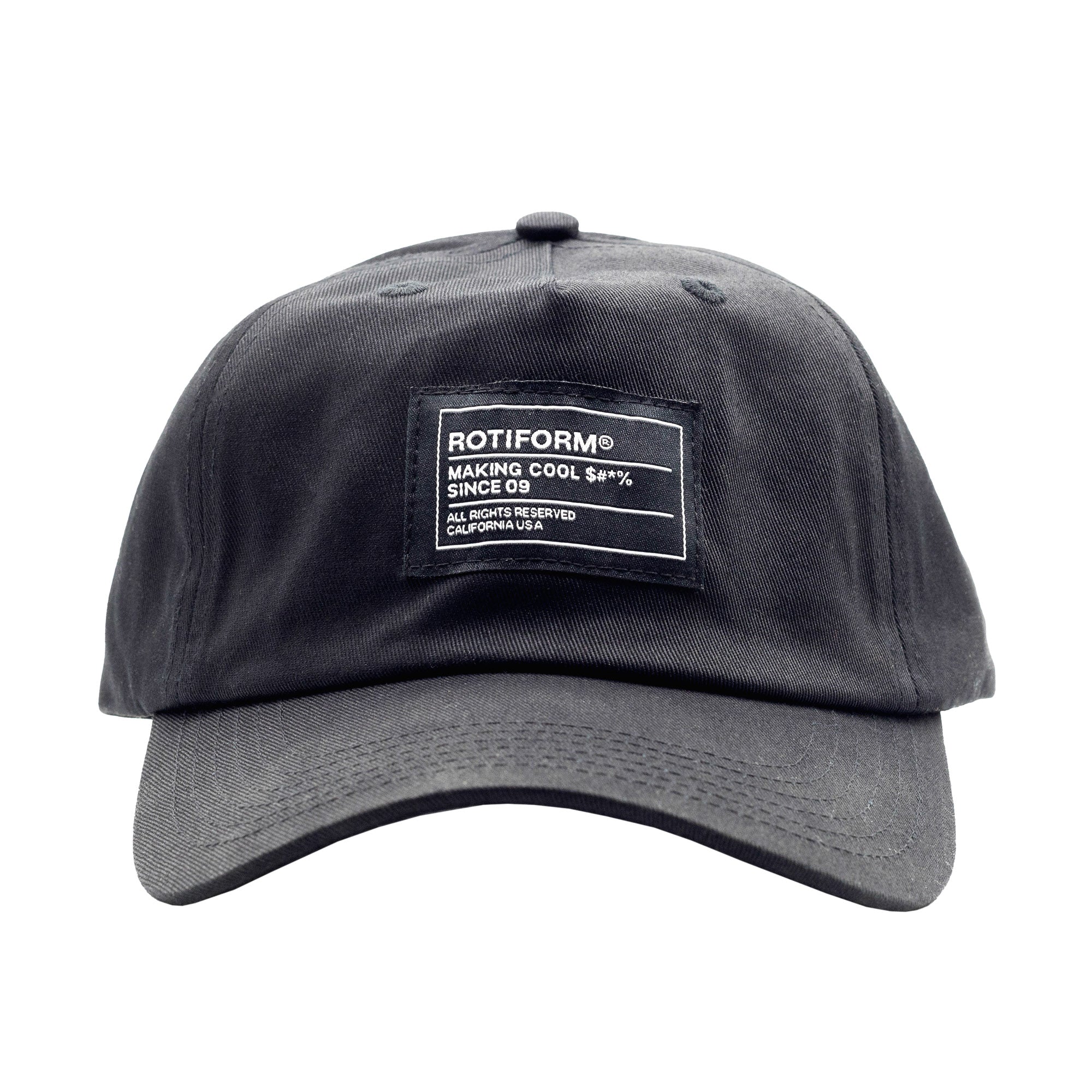 Unstructured black strapback hat with a gray brim and a patch that reads "ROTIFORM MAKING COOL S#*% SINCE 09" on the front.