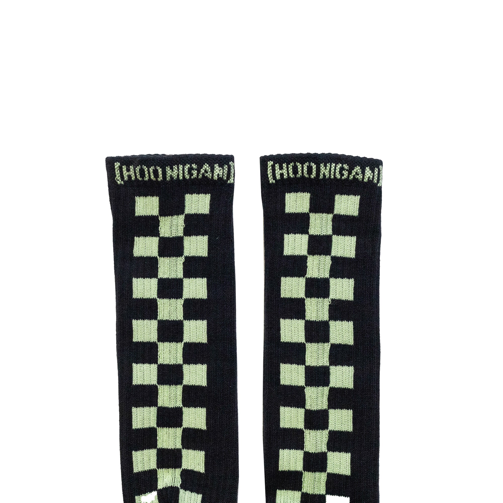Hoonigan glow-in-the-dark socks featuring a checkered pattern in green on a black background, ideal for car enthusiasts.