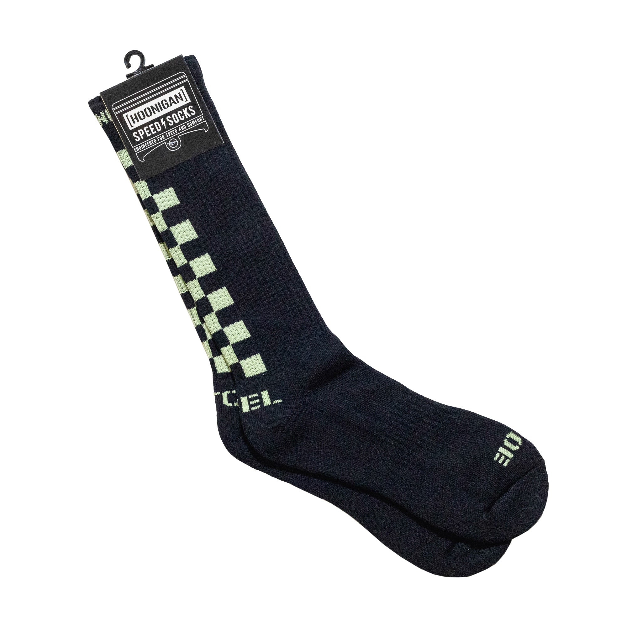 Hoonigan glow in the dark socks featuring a black base with green checkerboard design for motorsport enthusiasts.