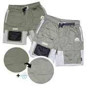 Hoonigan H.A.V.O.C. rain-activated cargo shorts with water-resistant fabric, multiple pockets, and adjustable waist.