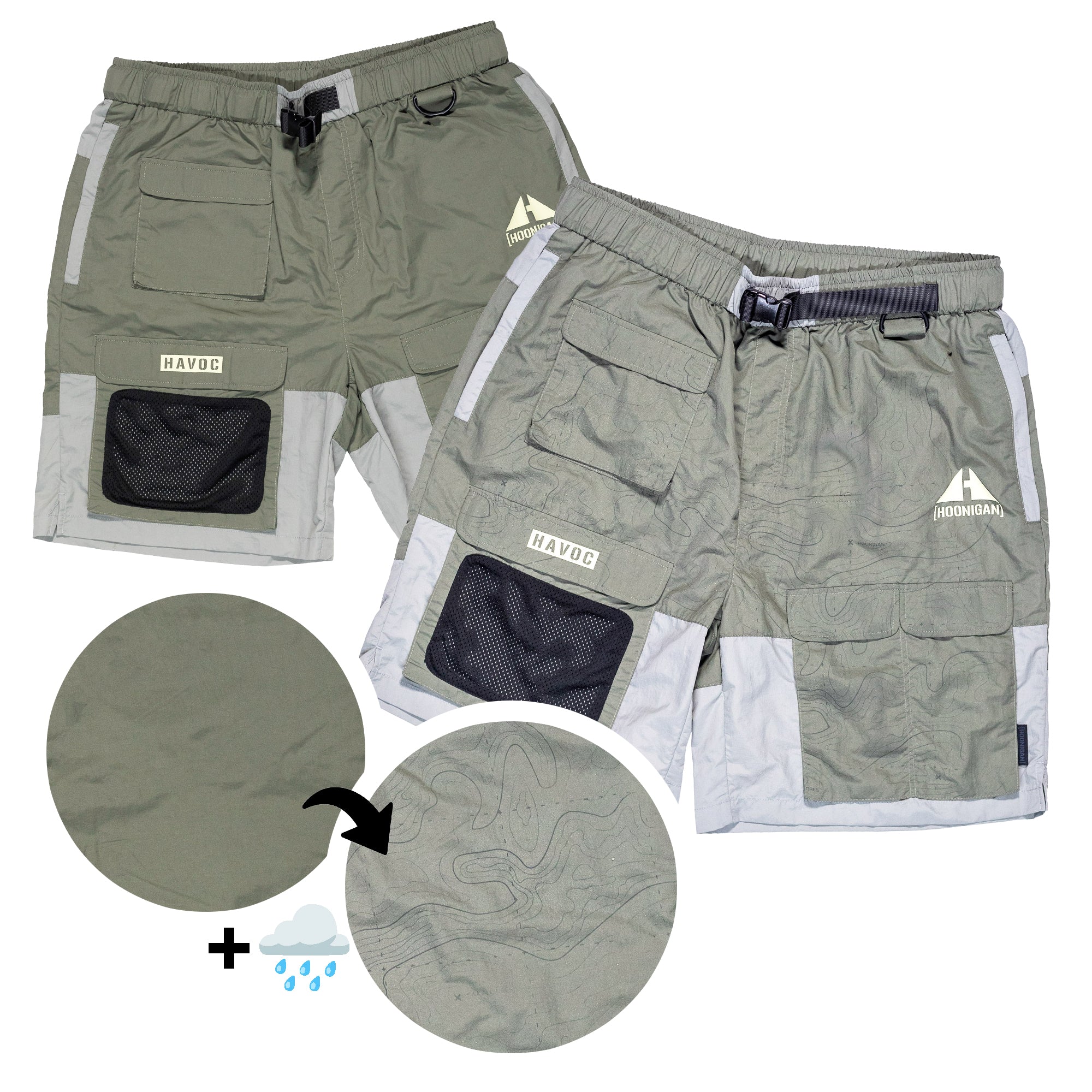 Hoonigan H.A.V.O.C. rain-activated cargo shorts with water-resistant fabric, multiple pockets, and adjustable waist.