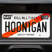 Hoonigan KARI license plate featuring a bold graphic design with a black background and white lettering.