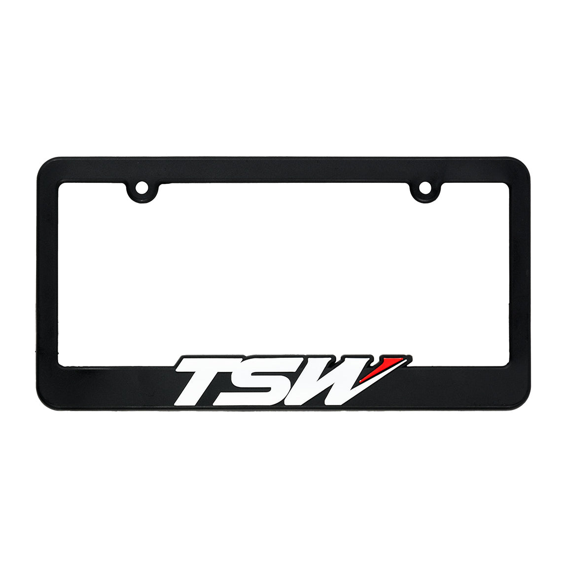 Black TSW Plate Frame featuring a sleek design and logo branding.