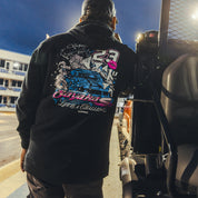 Hoonigan x Sayaka Drift Pullover Hoodie featuring a graphic design of Sayaka in vibrant colors on a black background.