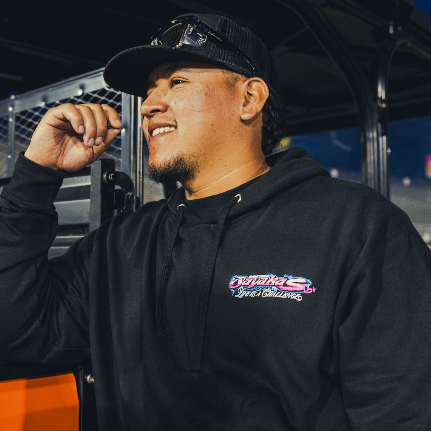 Hoonigan x Sayaka drifting pullover hoodie featuring bold graphics and a cozy design, perfect for motorsport enthusiasts.