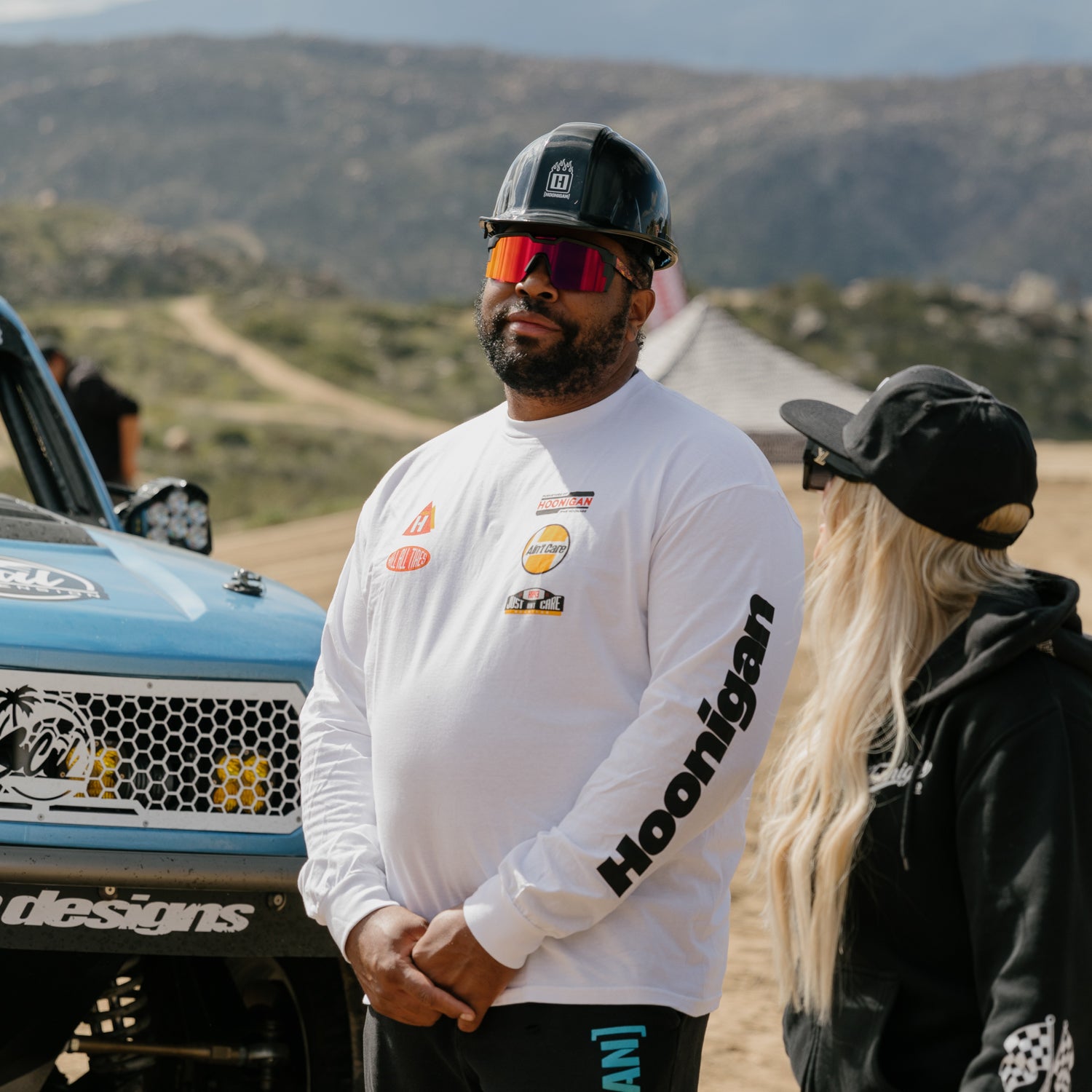 Hoonigan SAFETY THIRD Hard Hat in black with bold white lettering on the front.