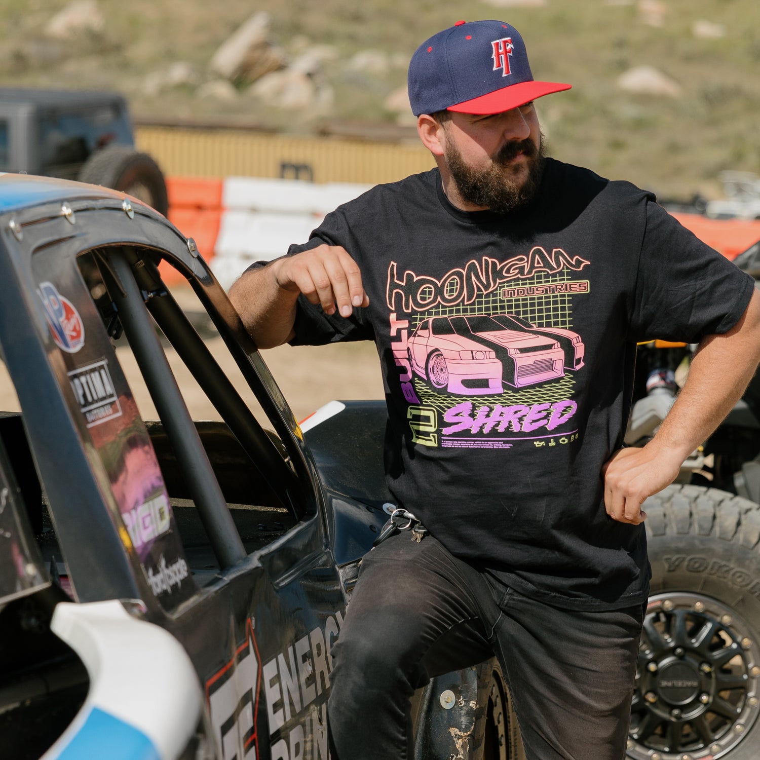 Hoonigan BUILT 2 SHRED Short Sleeve Tee featuring a bold graphic design, black fabric, and a casual style suitable for automotive enthusiasts.