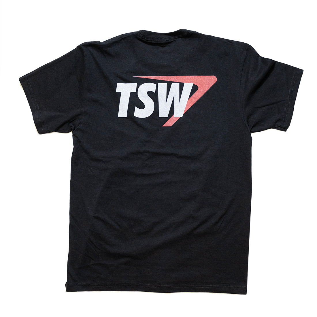 TSW Swoosh Short Sleeve Tee in black, featuring a bold white swoosh logo on the front, displayed against a neutral background.