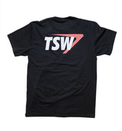 TSW Swoosh Short Sleeve Tee in black, featuring a bold white swoosh logo on the front, displayed against a neutral background.
