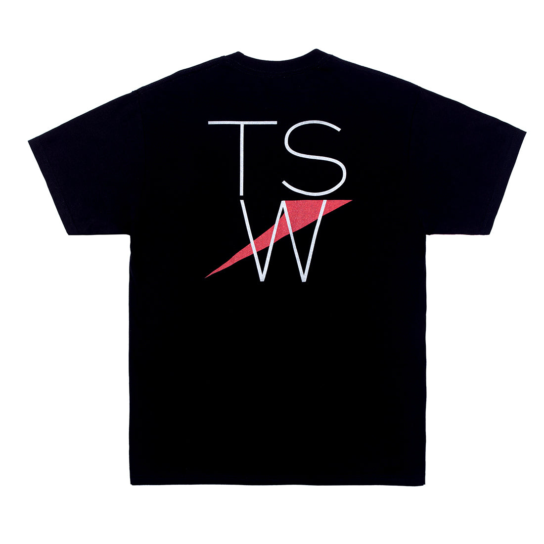 Black TSW THIN LOGO Short Sleeve Tee displayed against a neutral background, featuring a minimalist logo design on the back.