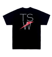 Black TSW THIN LOGO Short Sleeve Tee displayed against a neutral background, featuring a minimalist logo design on the back.