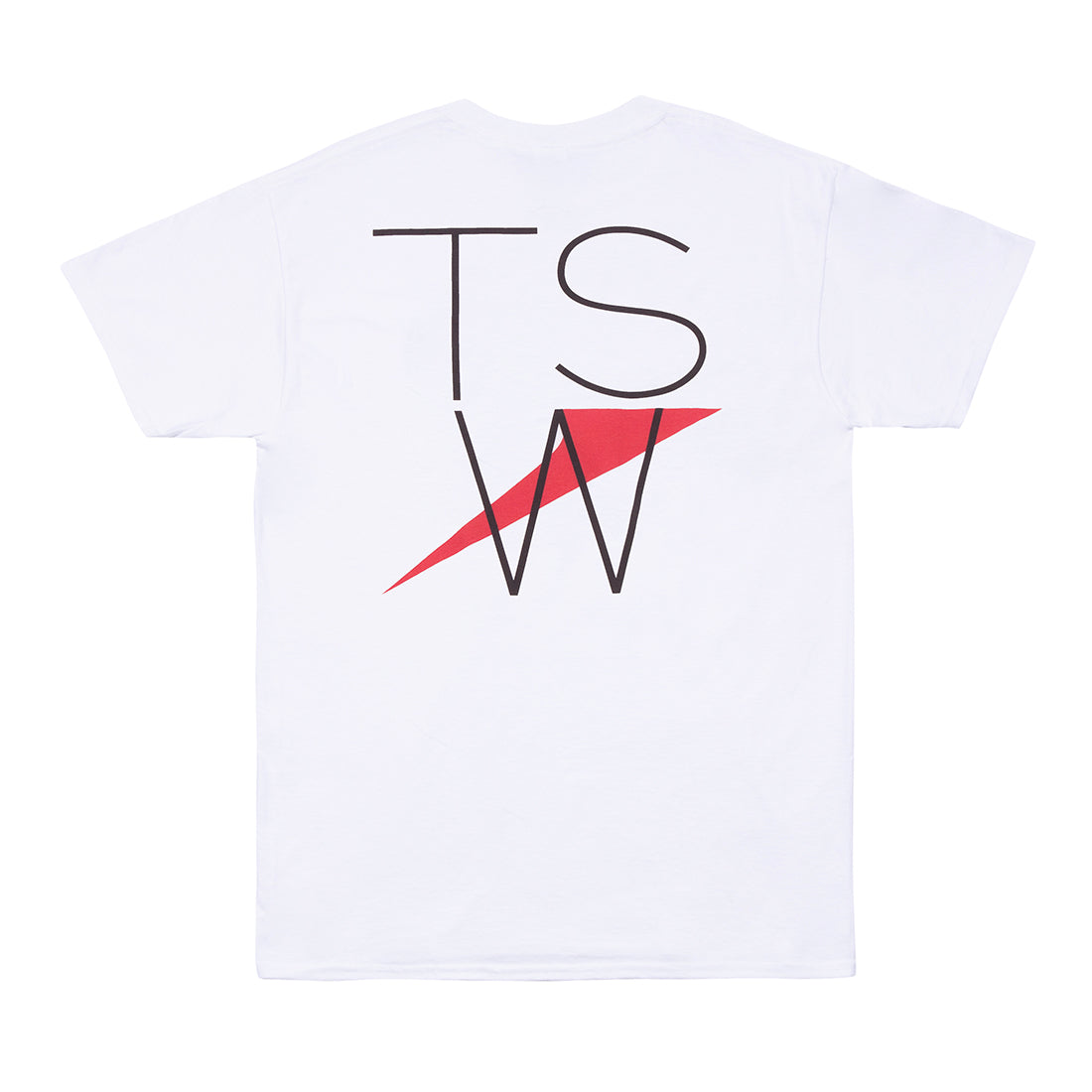 White TSW THIN LOGO short sleeve t-shirt displayed from the back, featuring a minimalist logo design on the upper back.