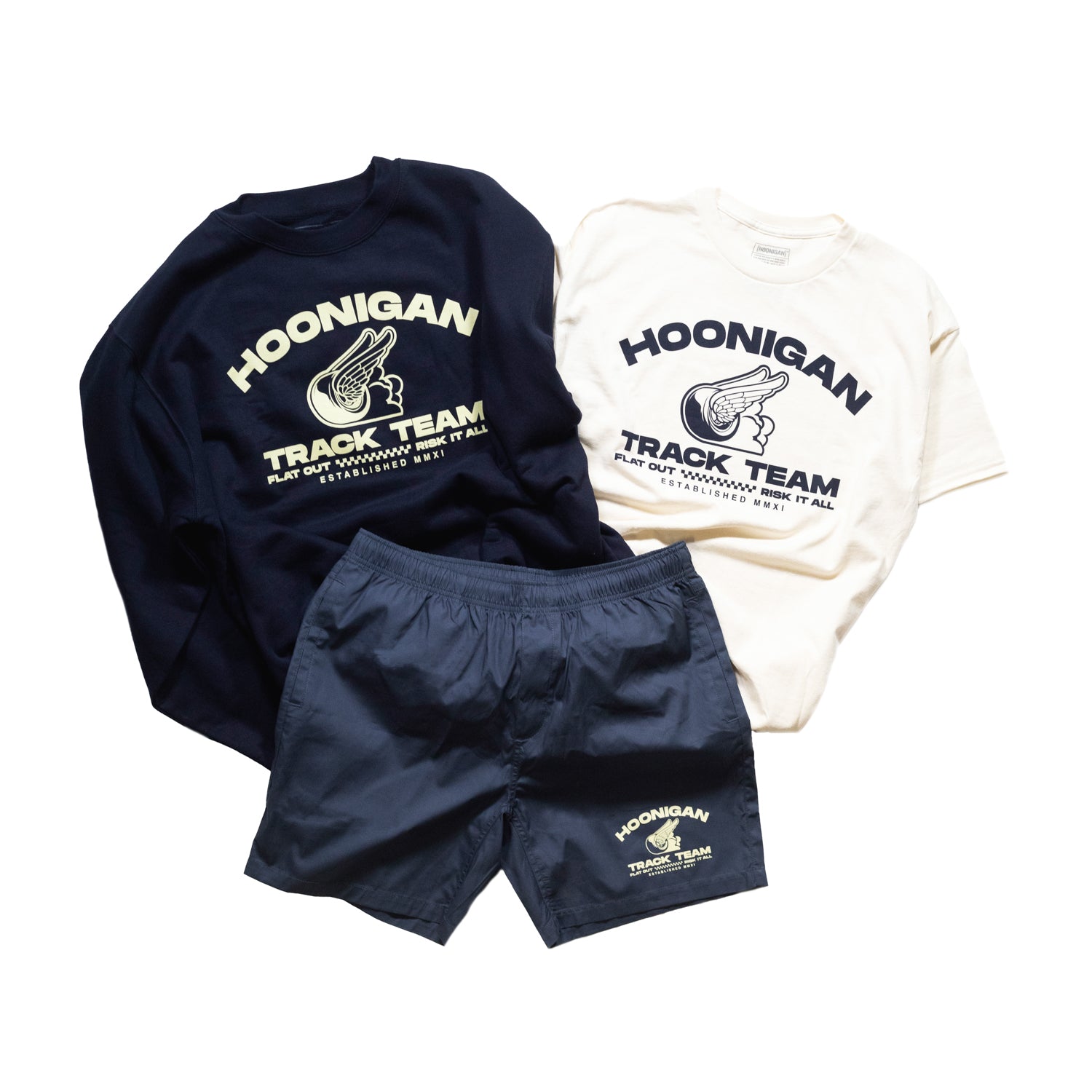 Hoonigan TRACK TEAM athletic shorts featuring a sleek design and logo, available in a sporty black color.