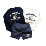 Hoonigan TRACK TEAM athletic shorts featuring a sleek design and logo, available in a sporty black color.