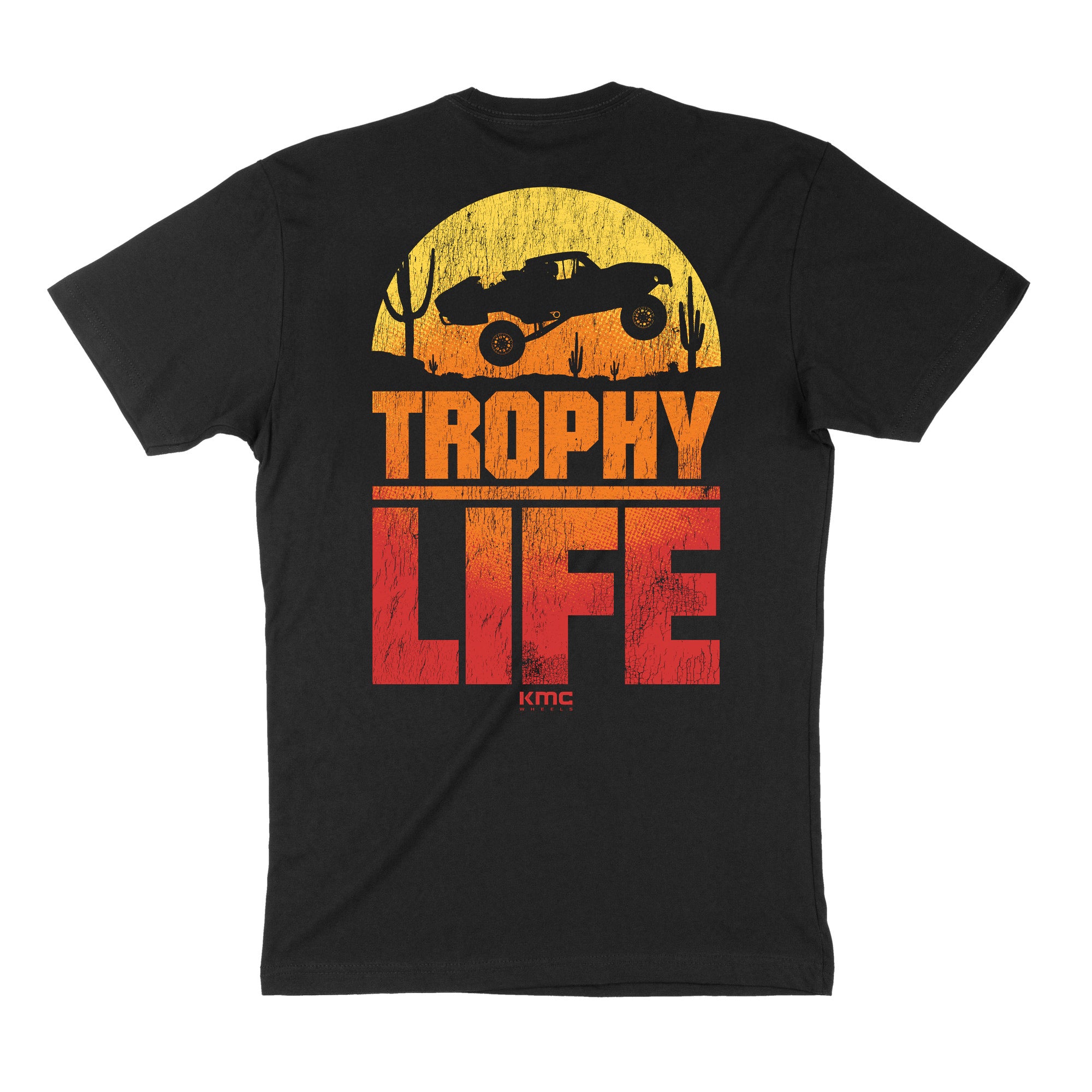 Black short sleeve t-shirt featuring a vibrant graphic of a truck and "TROPHY LIFE" text, perfect for motorsport enthusiasts.