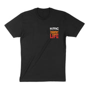 Black short sleeve t-shirt featuring KMC Trophy Life graphic in bold colors, ideal for motorsport enthusiasts.