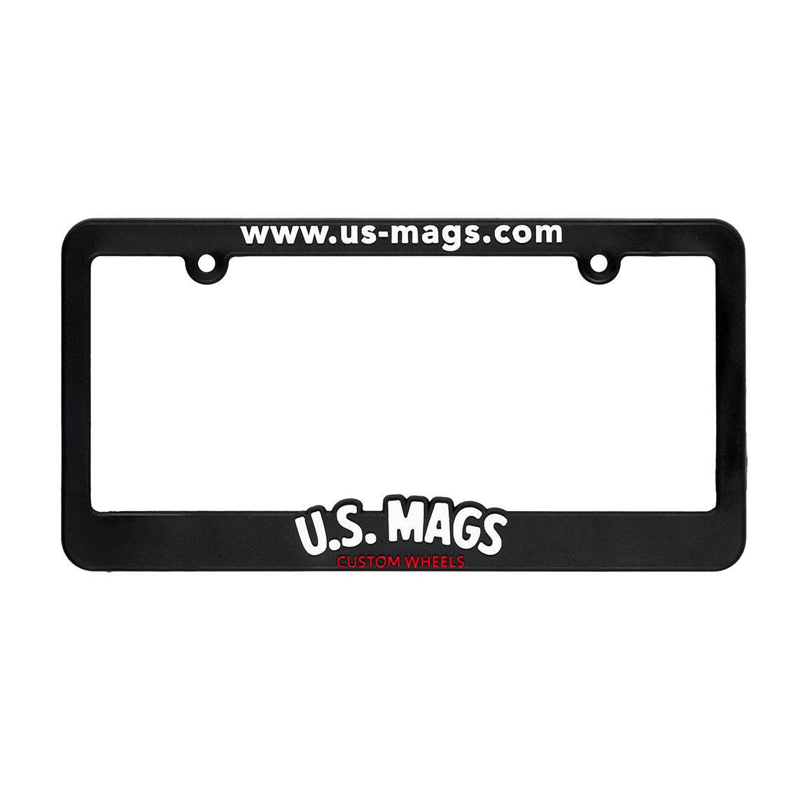 US Mags black plate frame featuring a sleek design and logo detail.