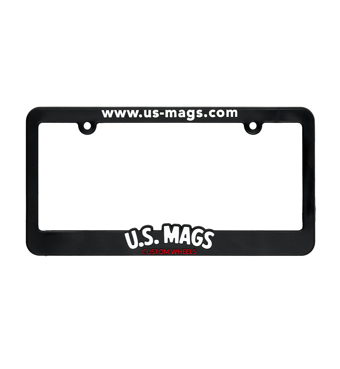 US Mags black plate frame featuring a sleek design and logo detail.