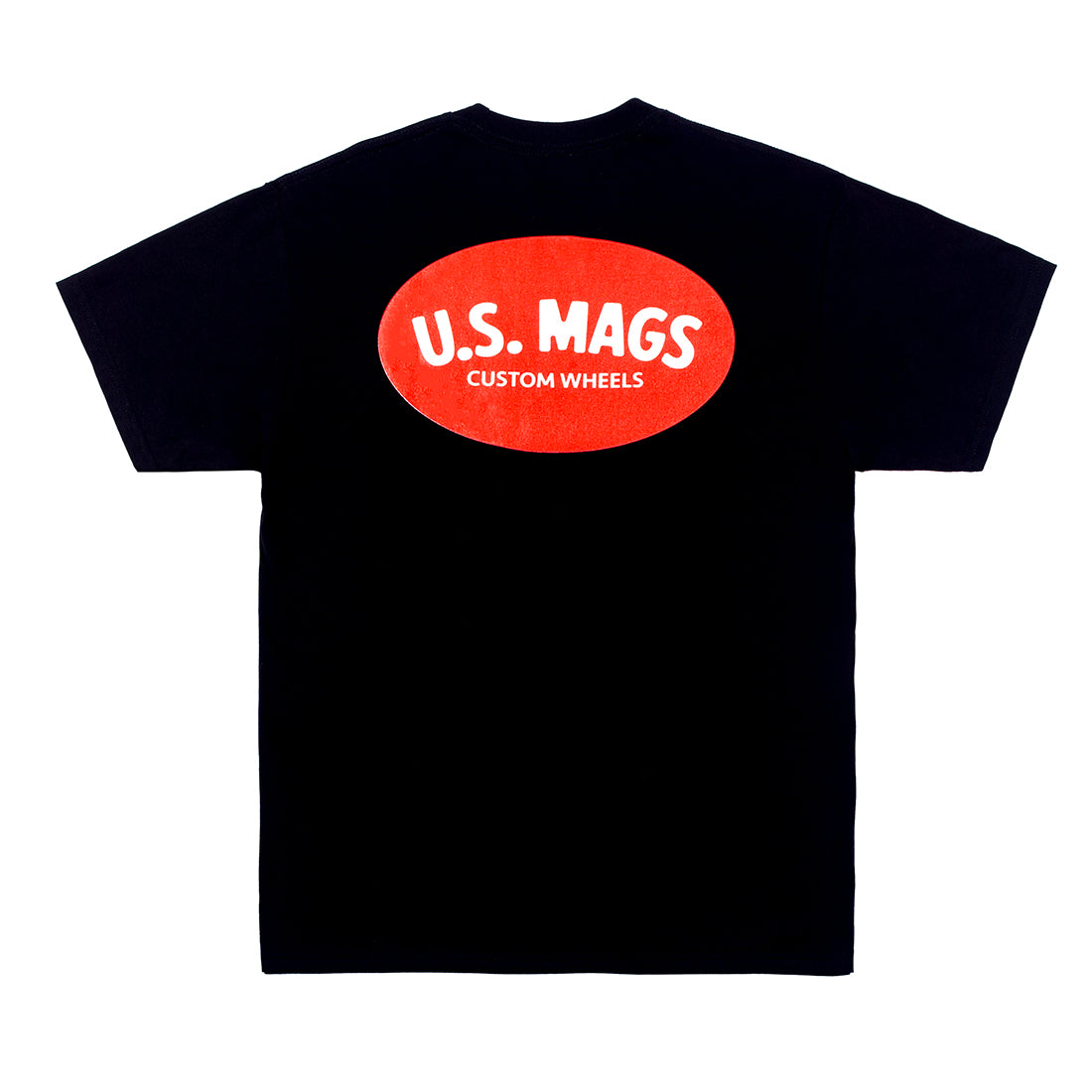US Mags black short sleeve tee featuring a red logo on the back.