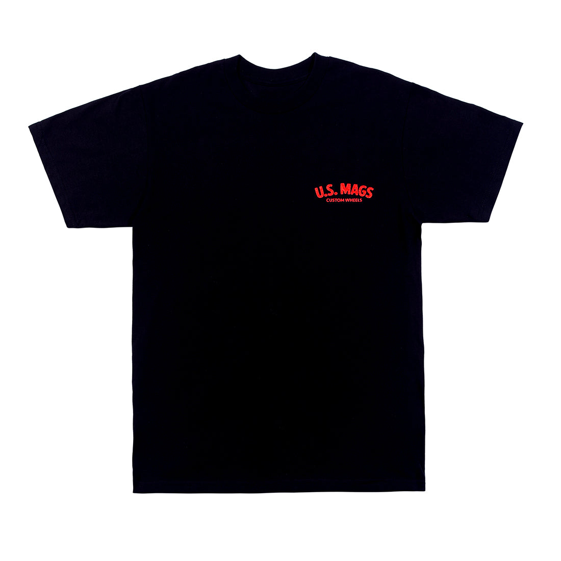 Black short sleeve tee featuring the US Mags logo in red, displayed front view.