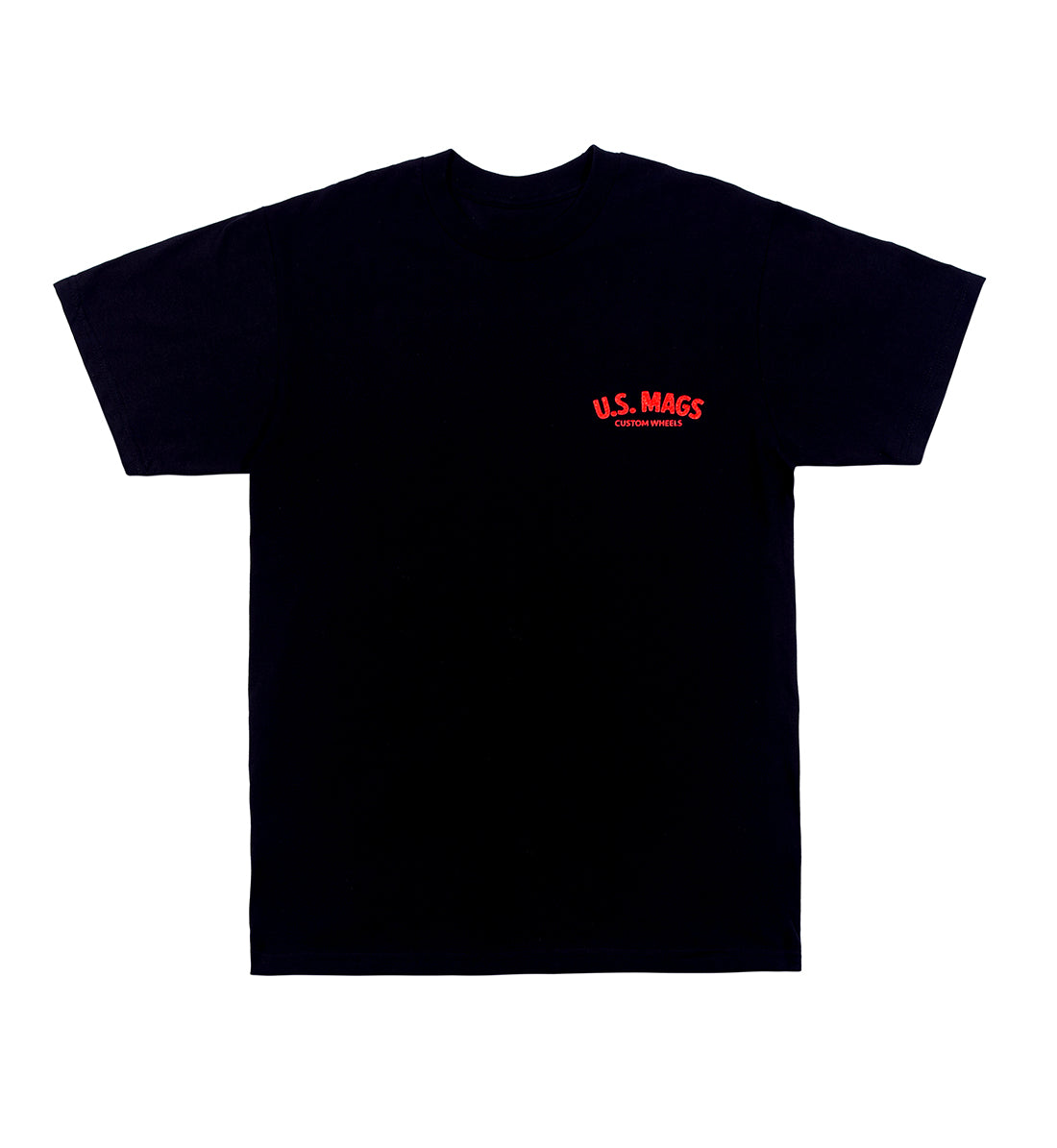 Black short sleeve tee featuring the US Mags logo in red, displayed front view.