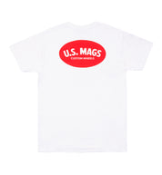 US Mags short sleeve tee in white featuring a prominent red logo on the front.
