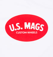 US Mags red logo short sleeve white tee with back detail.