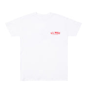 US Mags red logo short sleeve white t-shirt displayed front view.
