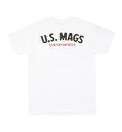 US Mags short sleeve tee in white featuring a black and red logo on the front.