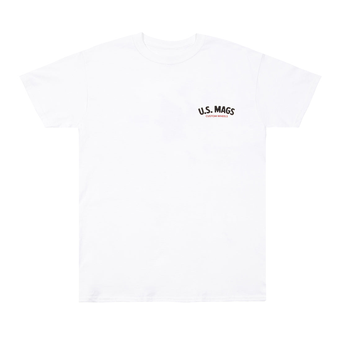 US Mags short sleeve tee in white with black and red logo design on the front.