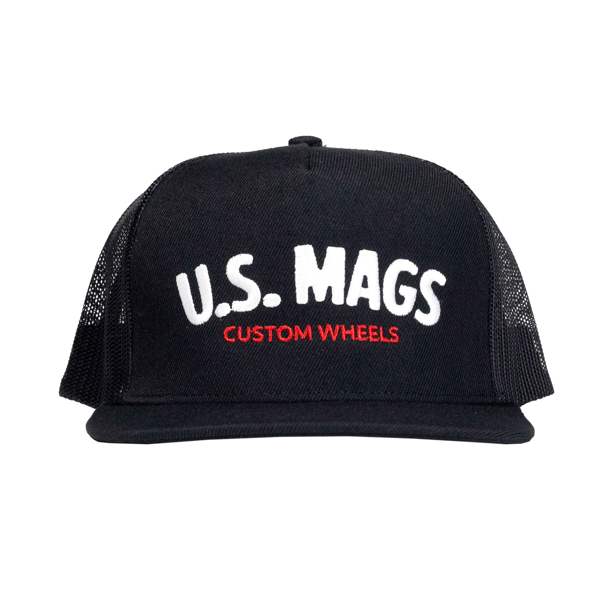 US Mags LOGO Trucker Hat featuring a black front panel with embroidered logo and a mesh back.