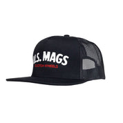 US Mags logo trucker hat featuring a classic design with a black mesh back and adjustable snap closure.