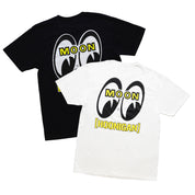 Hoonigan x Mooneyes HOON AND MOON short sleeve tee featuring a graphic logo design in white and yellow on a black background.