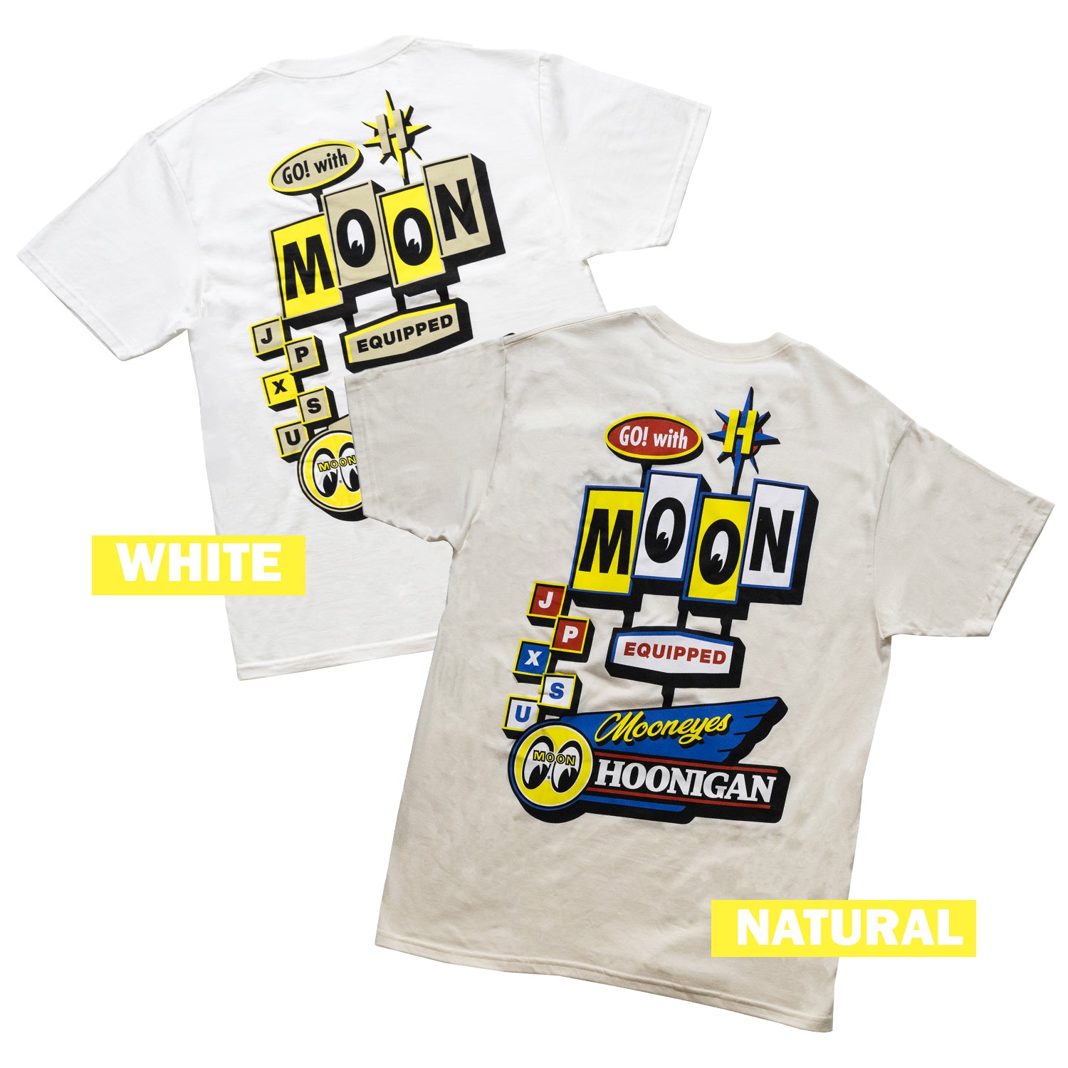 Hoonigan x Mooneyes MOONMOTEL short sleeve tee featuring a retro motel graphic and bold branding on a black background.