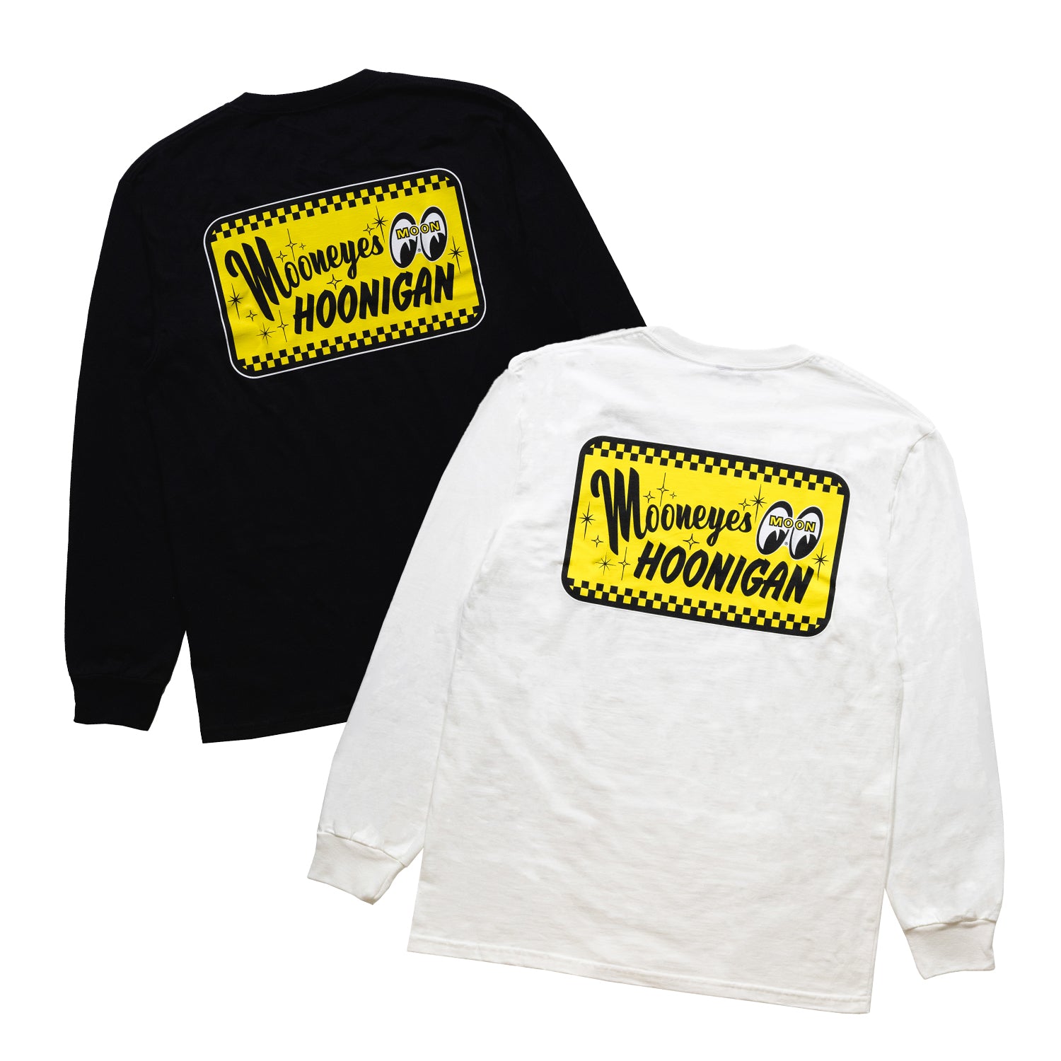 Hoonigan x Mooneyes GO WITH HOON Long Sleeve Tee featuring a black and yellow design with bold graphic print on front and sleeves.