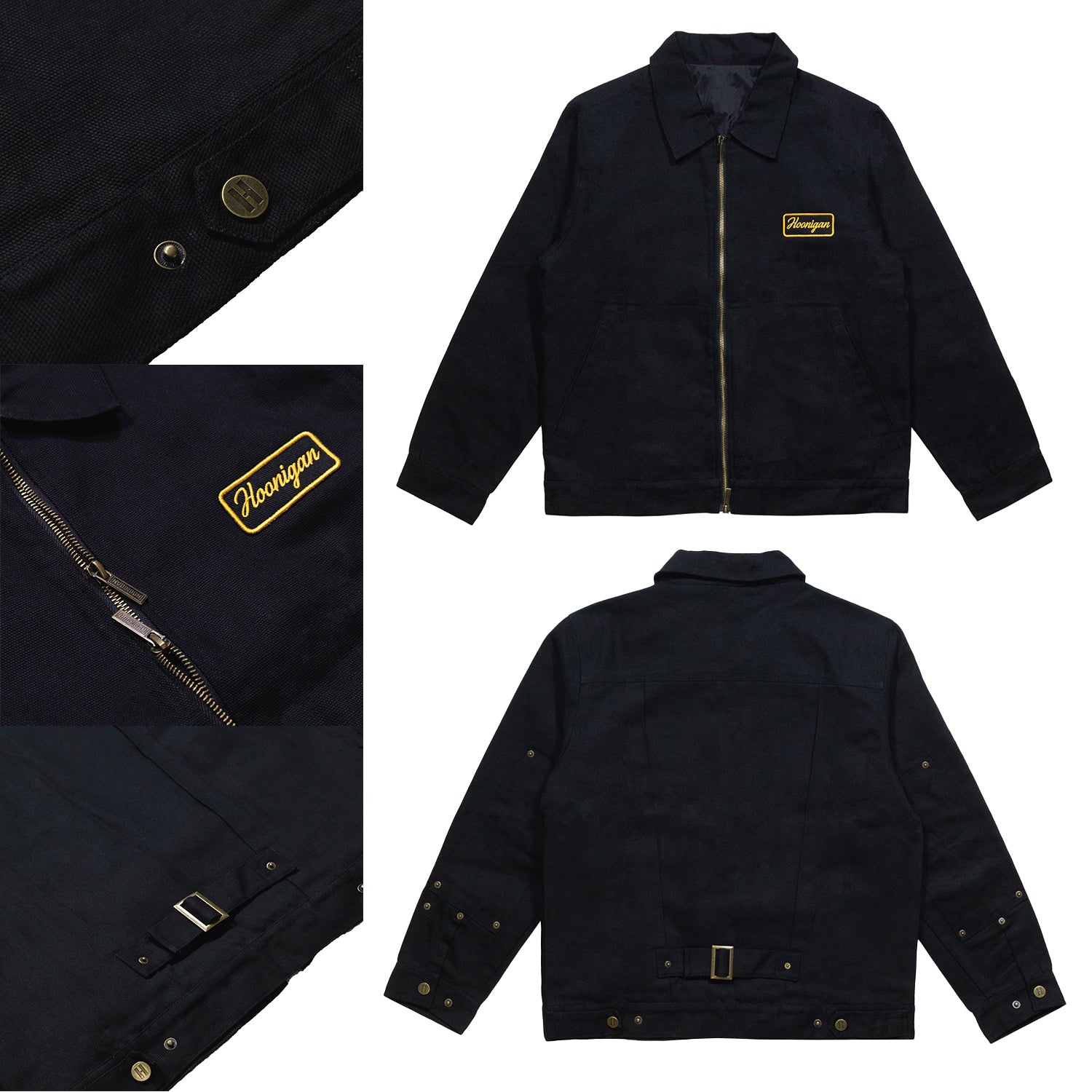 Hoonigan KNUCKLEBUSTERS jacket featuring a black design with white logo detailing on the front and back.
