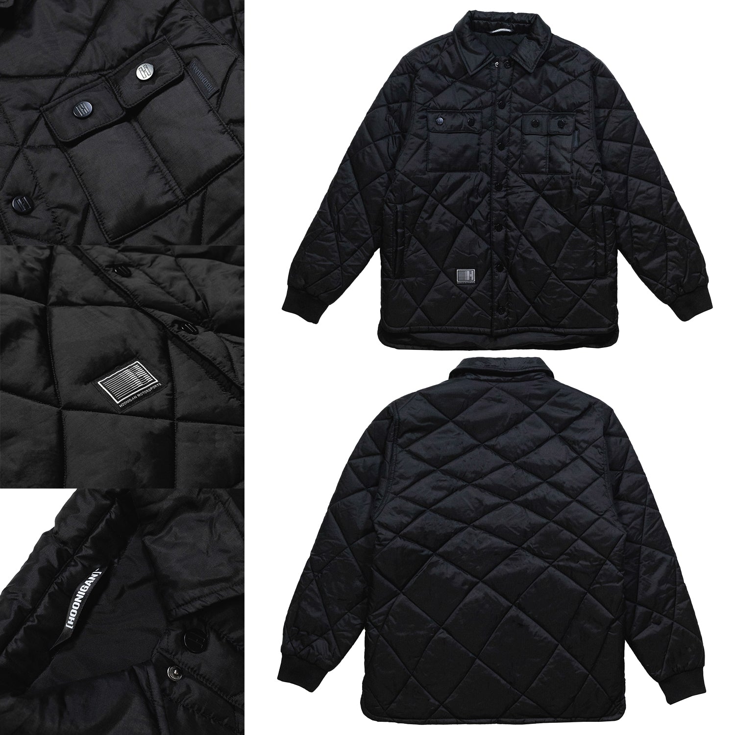 Hoonigan Motorsports VICTOR Quilted Jacket in black, featuring a zip-up front, padded design, and logo detailing on the chest.